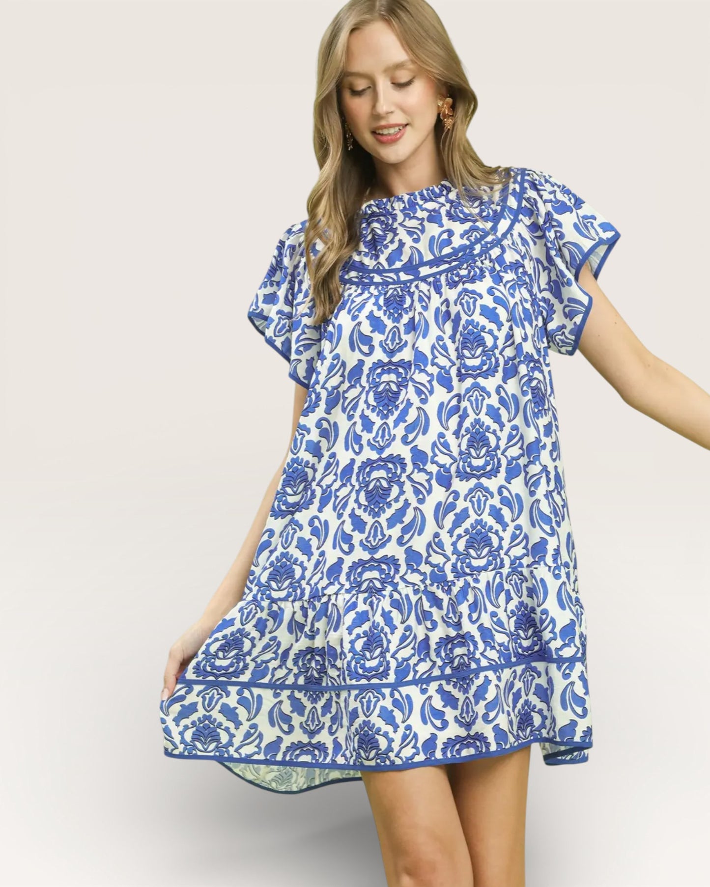 Ivory & Cobalt Damask Mini Dress