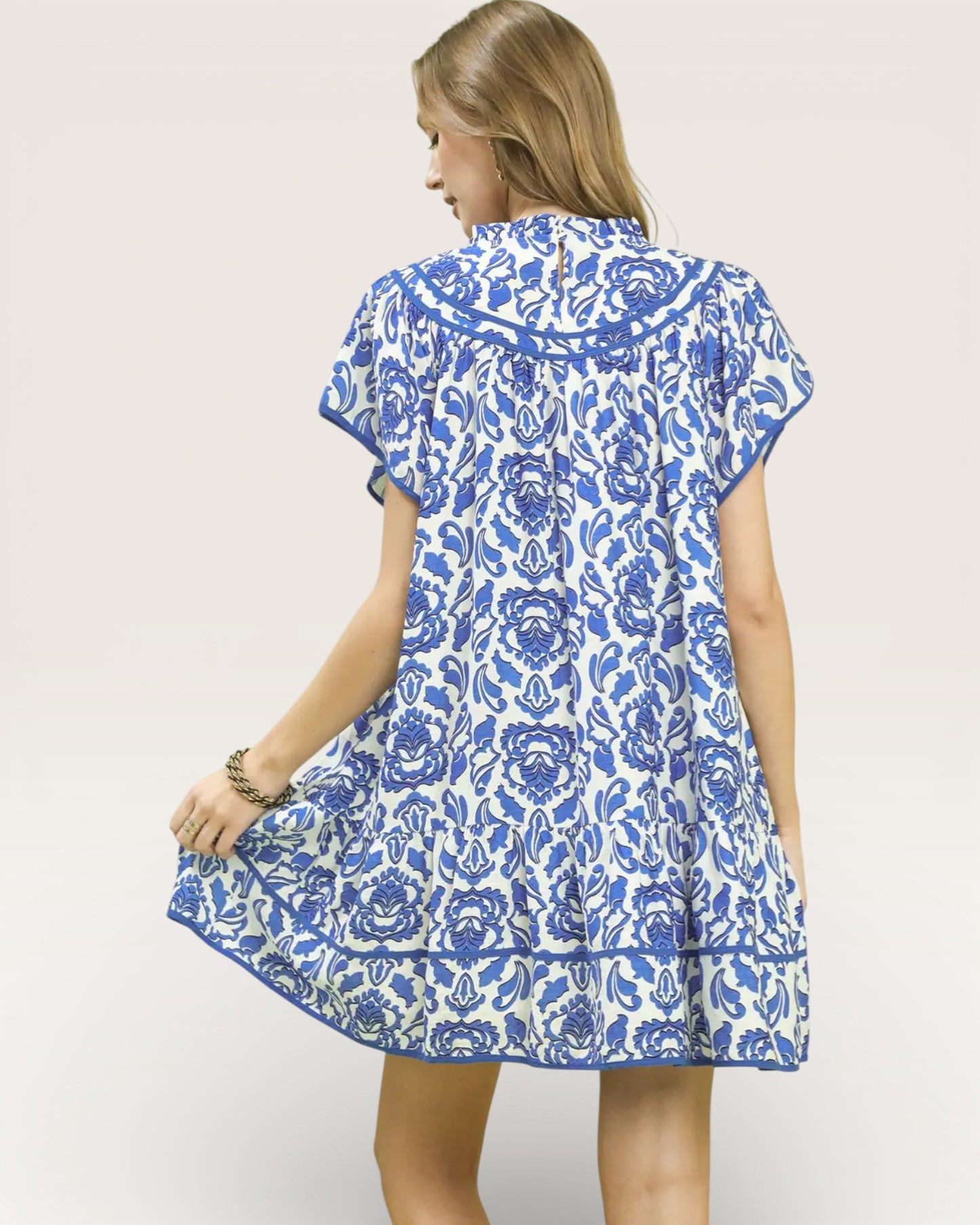 Ivory & Cobalt Damask Mini Dress