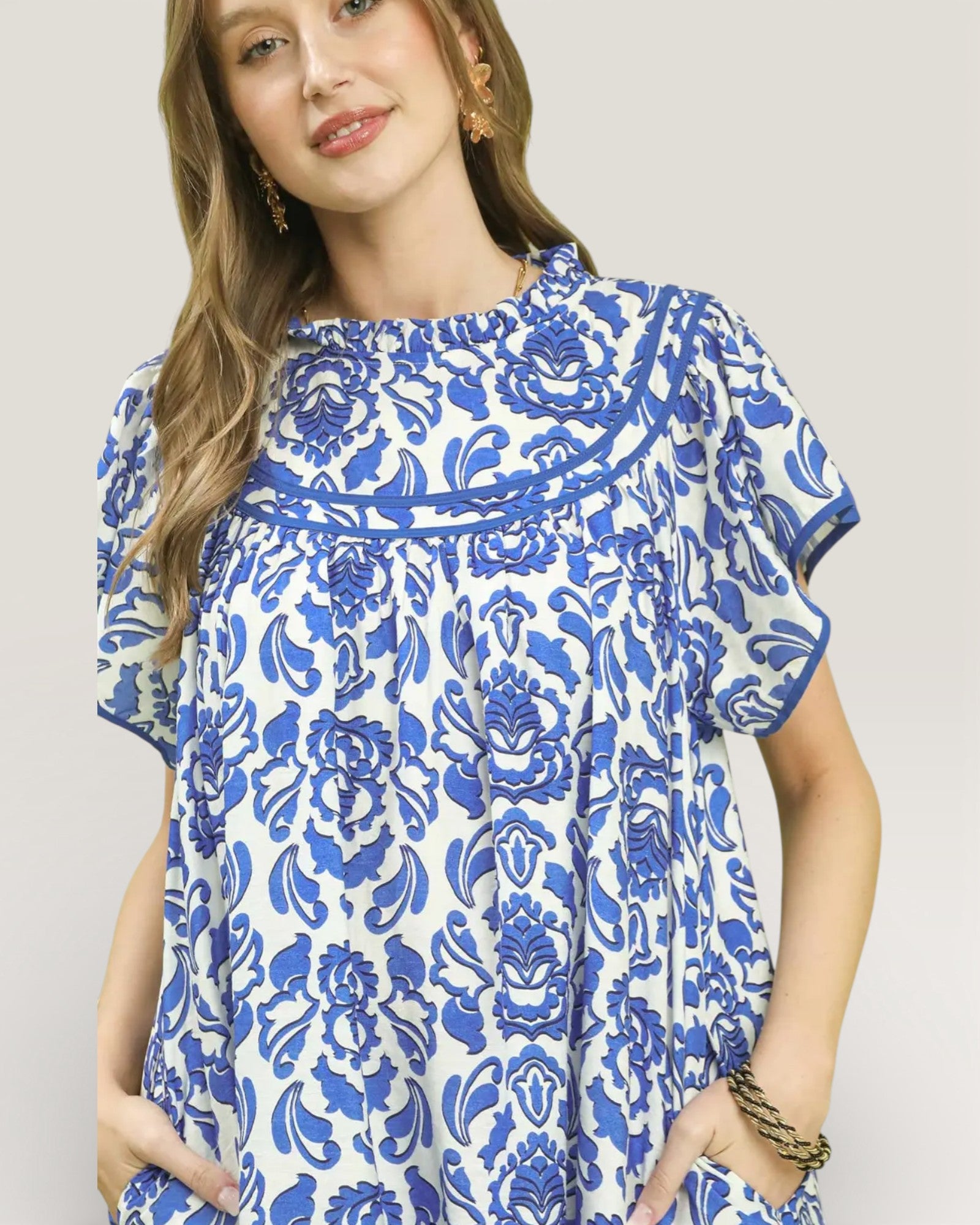 Ivory & Cobalt Damask Mini Dress
