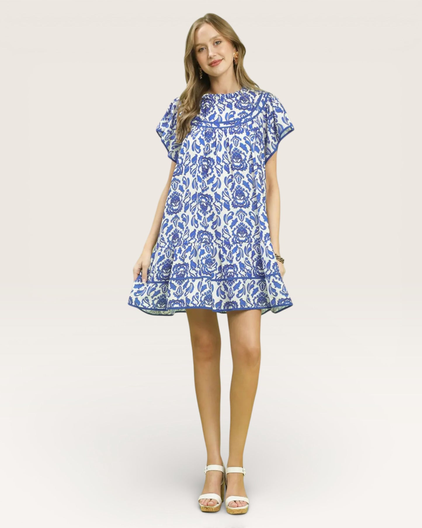 Ivory & Cobalt Damask Mini Dress