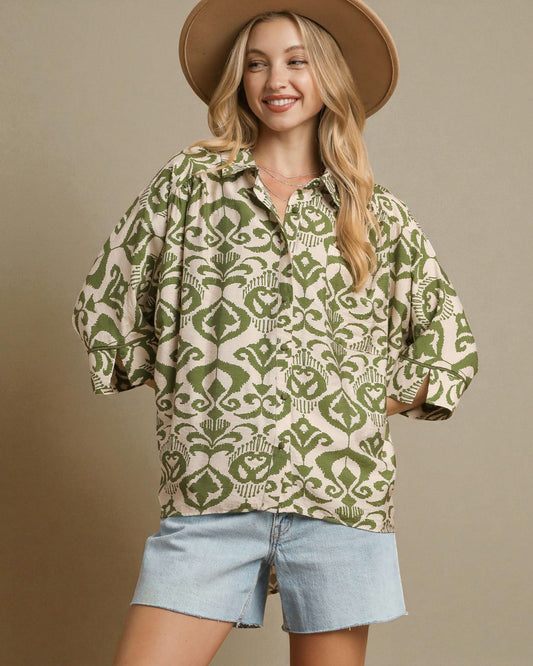 Olive & Cream Ikat Button-Up Shirt