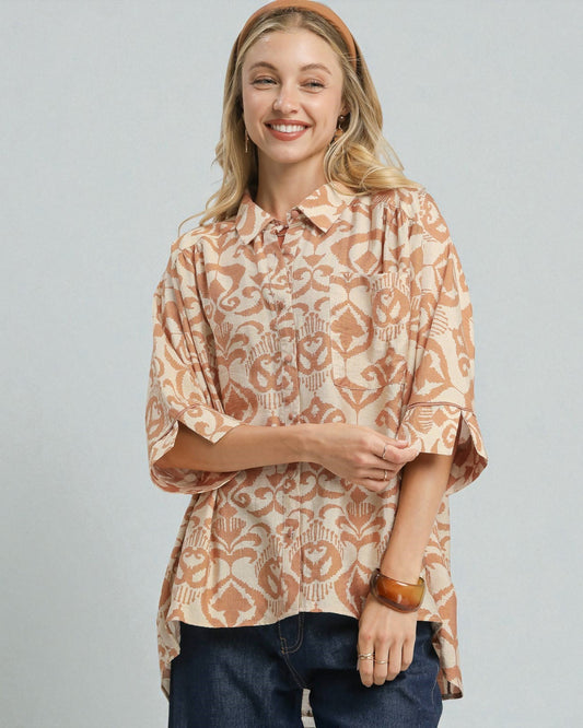 Tan & Cream Ikat Button Front Top