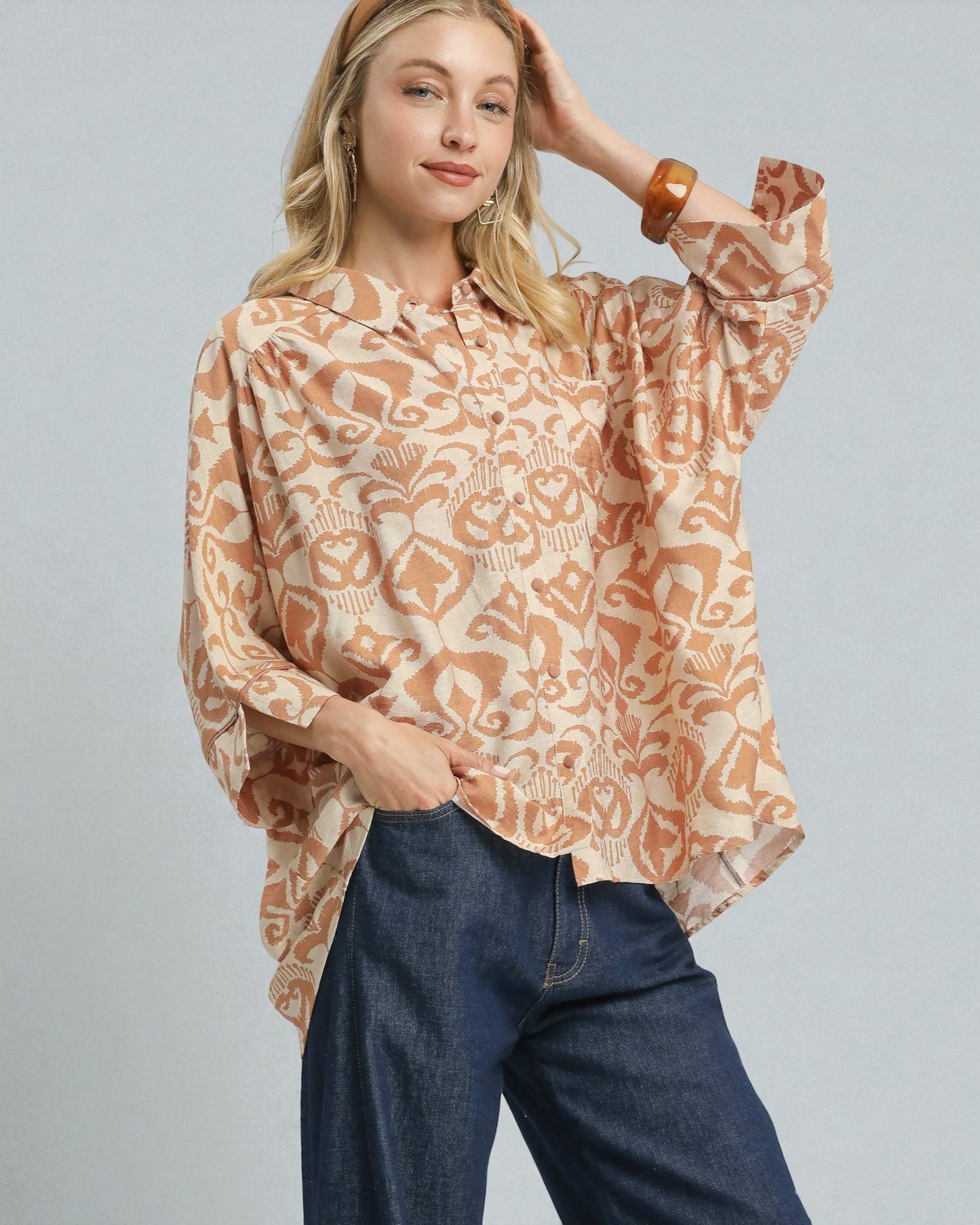 Tan & Cream Ikat Button Front Top