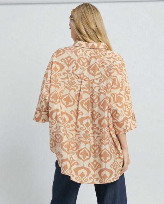 Tan & Cream Ikat Button Front Top