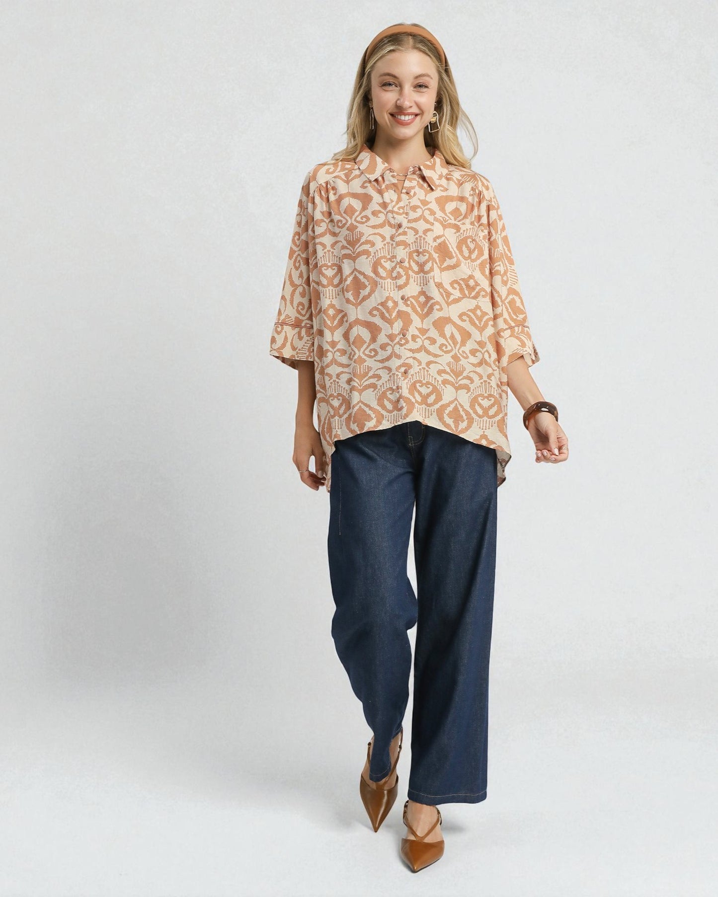 Tan & Cream Ikat Button Front Top
