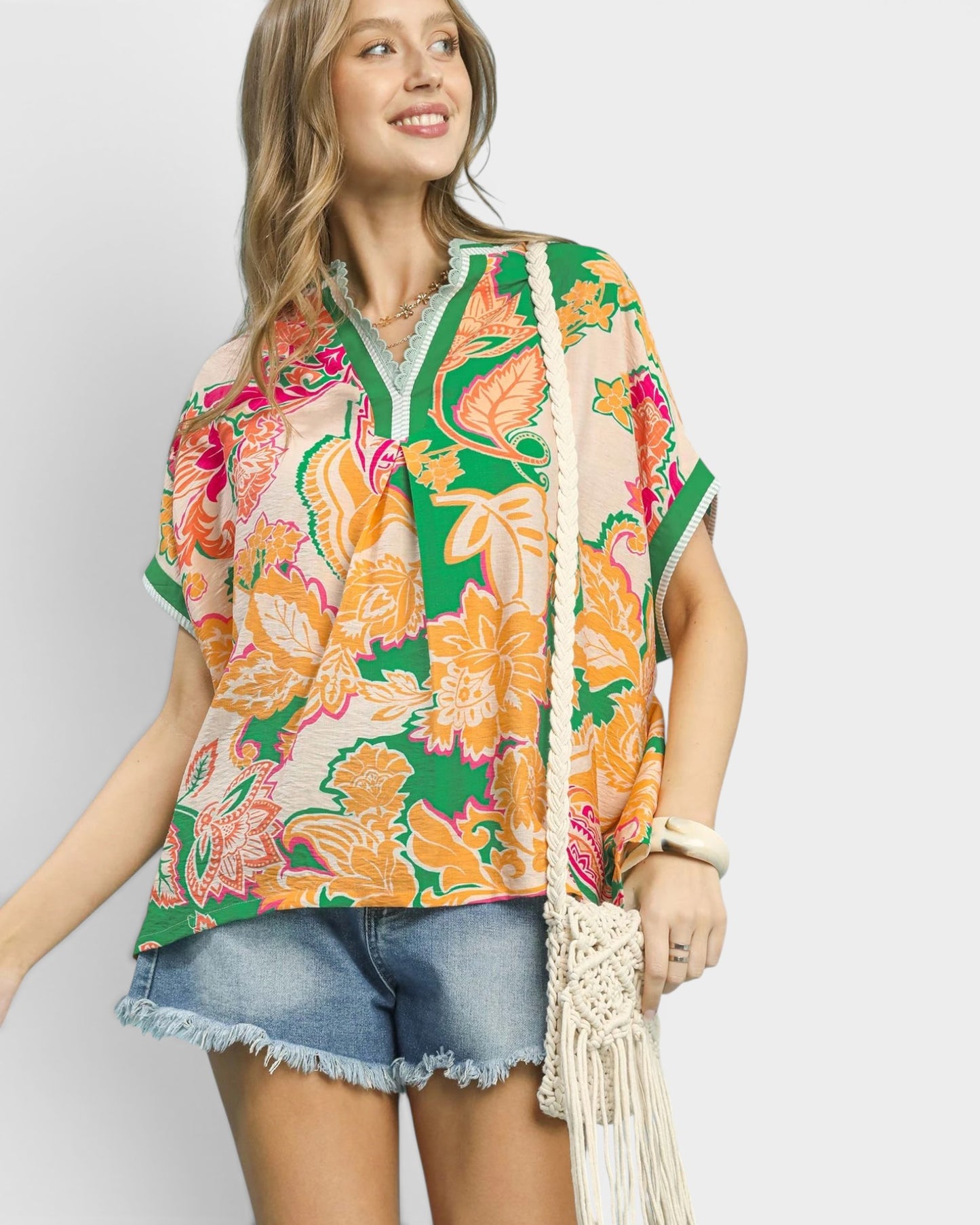 Green & Apricot Paisley Short Sleeve Top