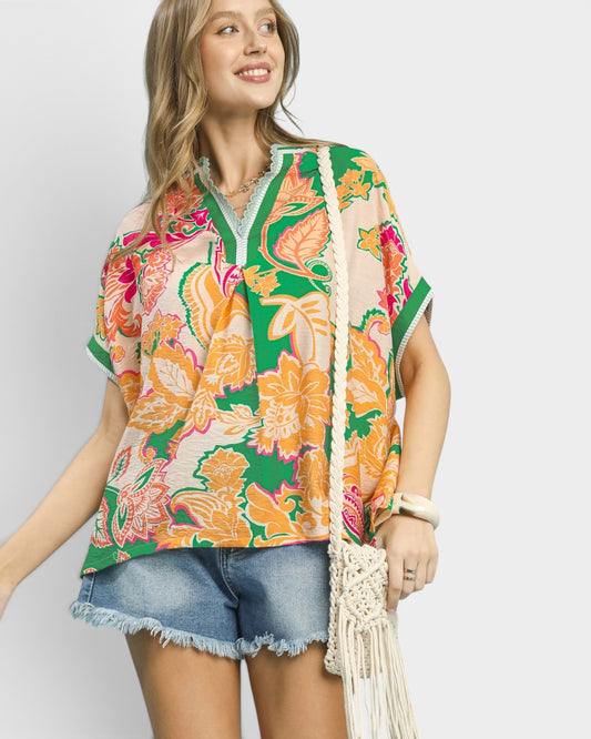 Green & Apricot Paisley Short Sleeve Top