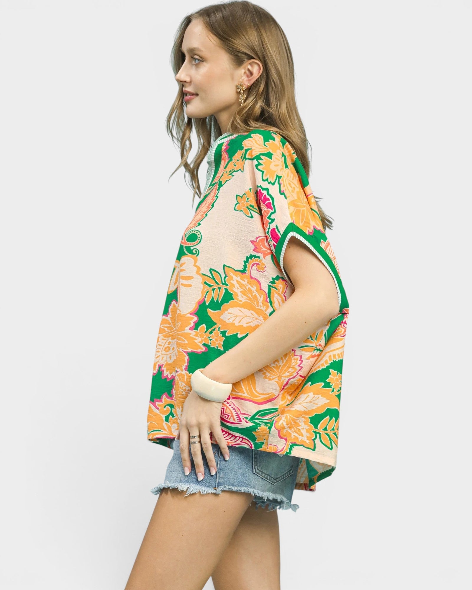 Green & Apricot Paisley Short Sleeve Top