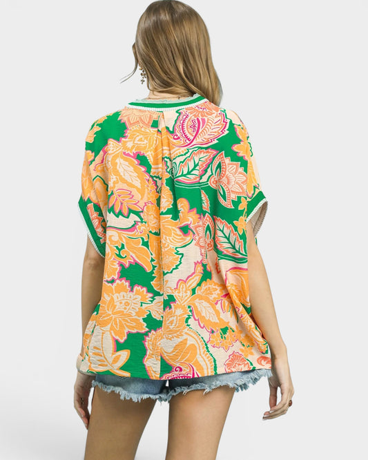 Green & Apricot Paisley Short Sleeve Top