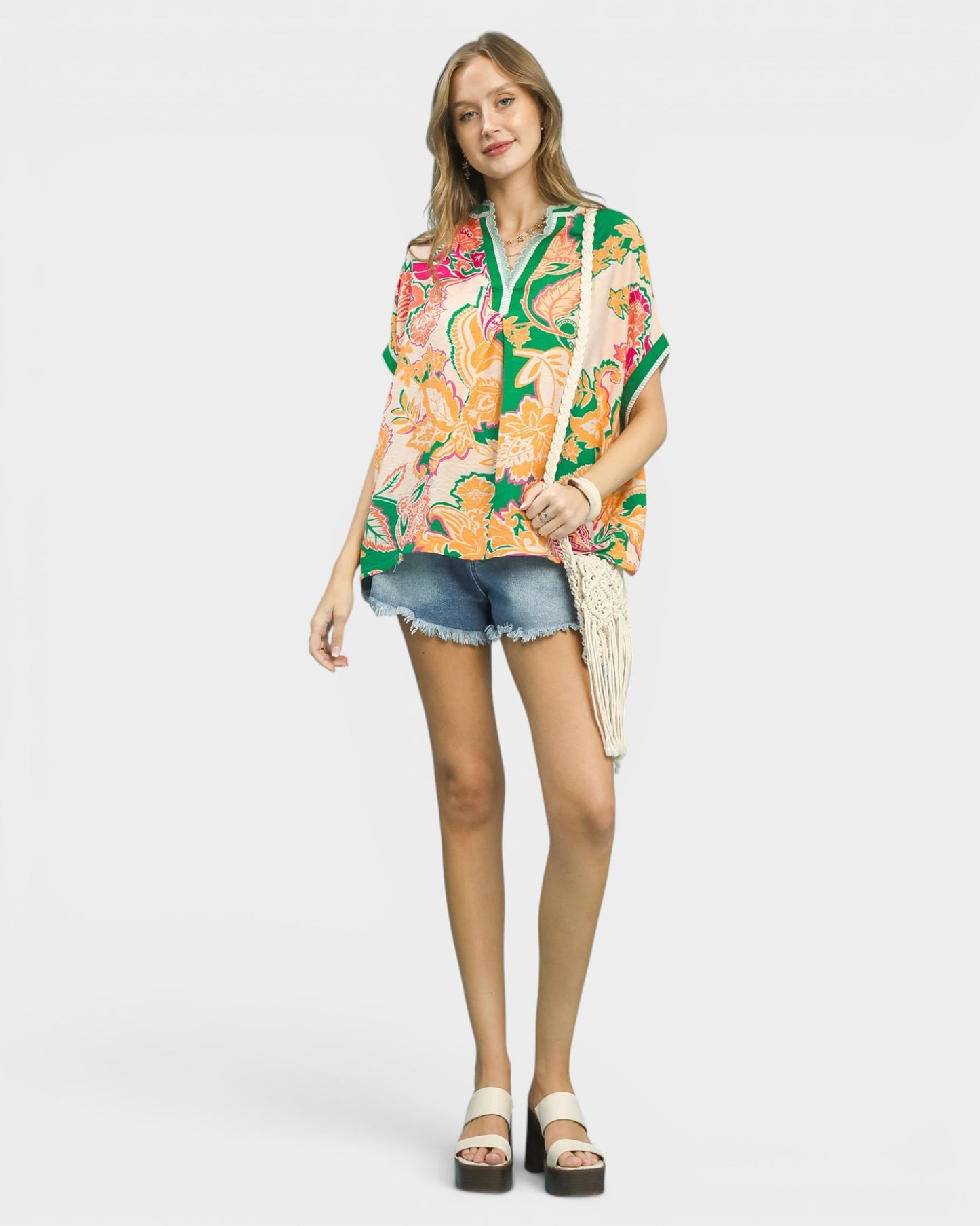 Green & Apricot Paisley Short Sleeve Top