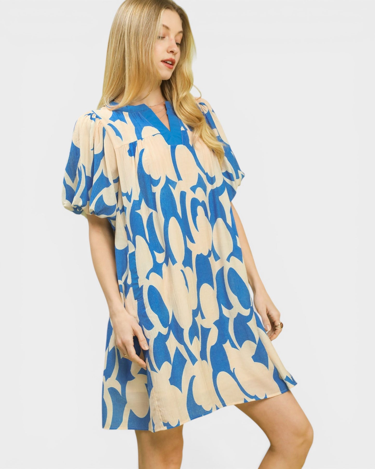 Woman wearing a blue and beige patterned dress on a white background