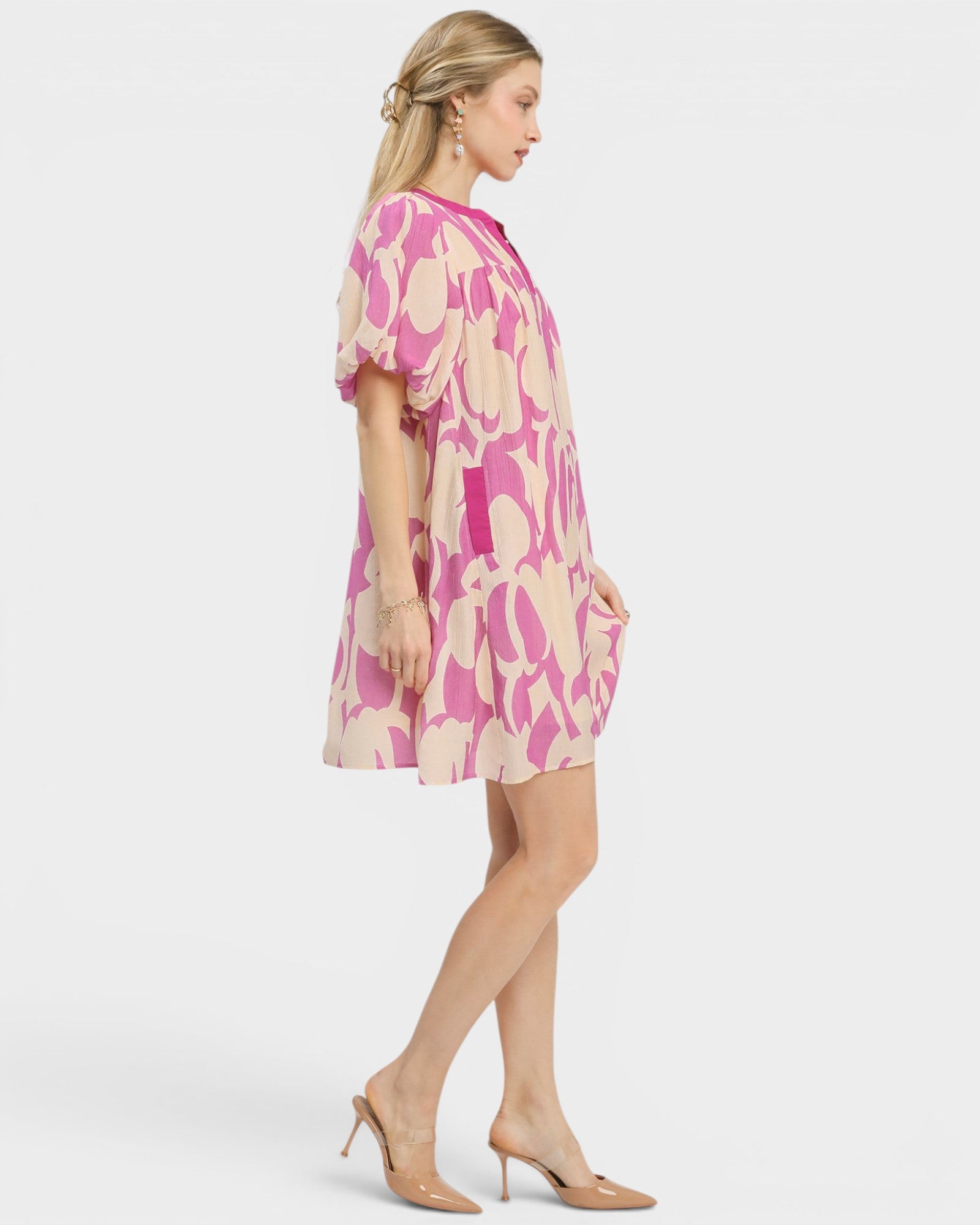 Pink & Cream Abstract Puff Sleeve Mini Dress