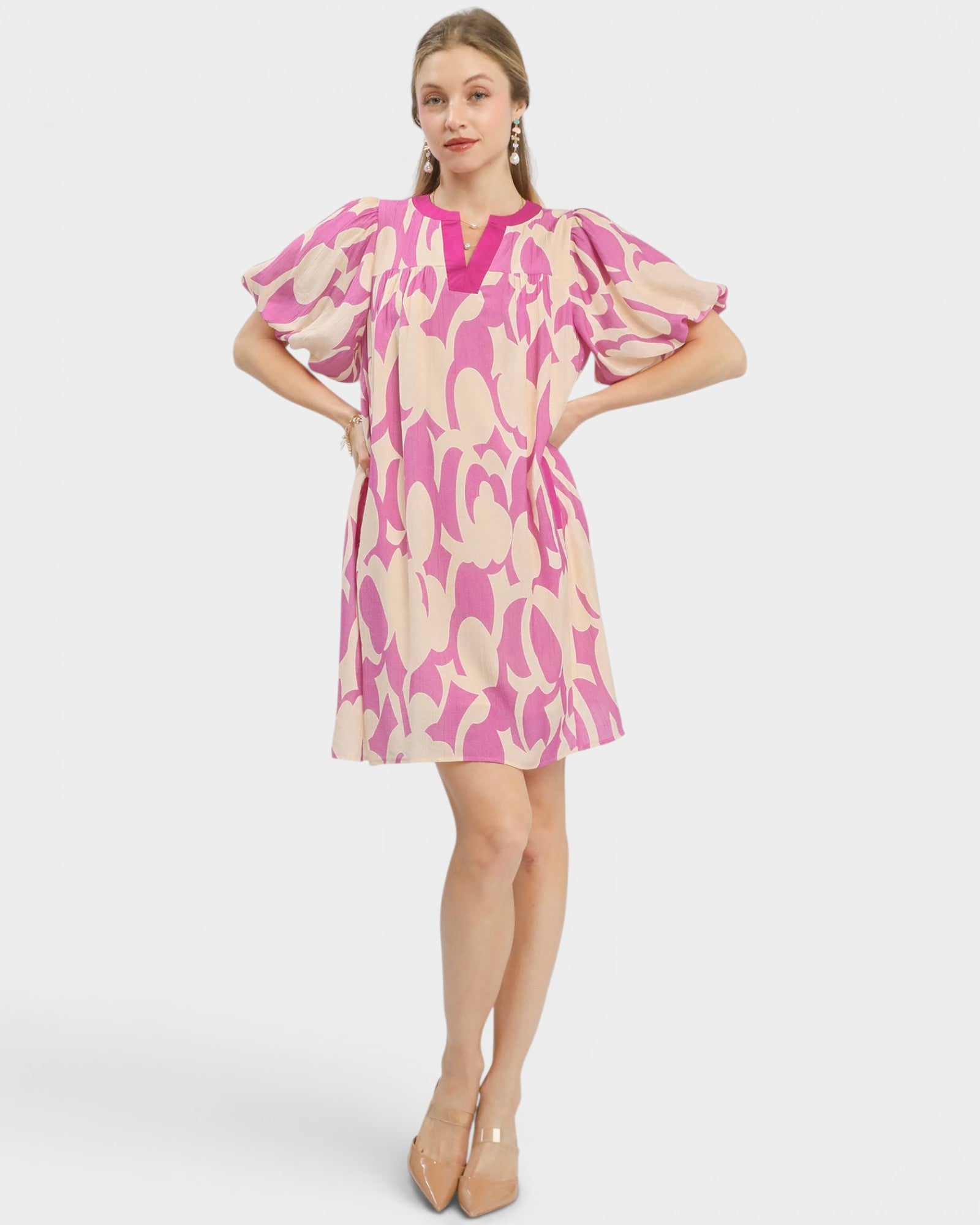 Pink & Cream Abstract Puff Sleeve Mini Dress