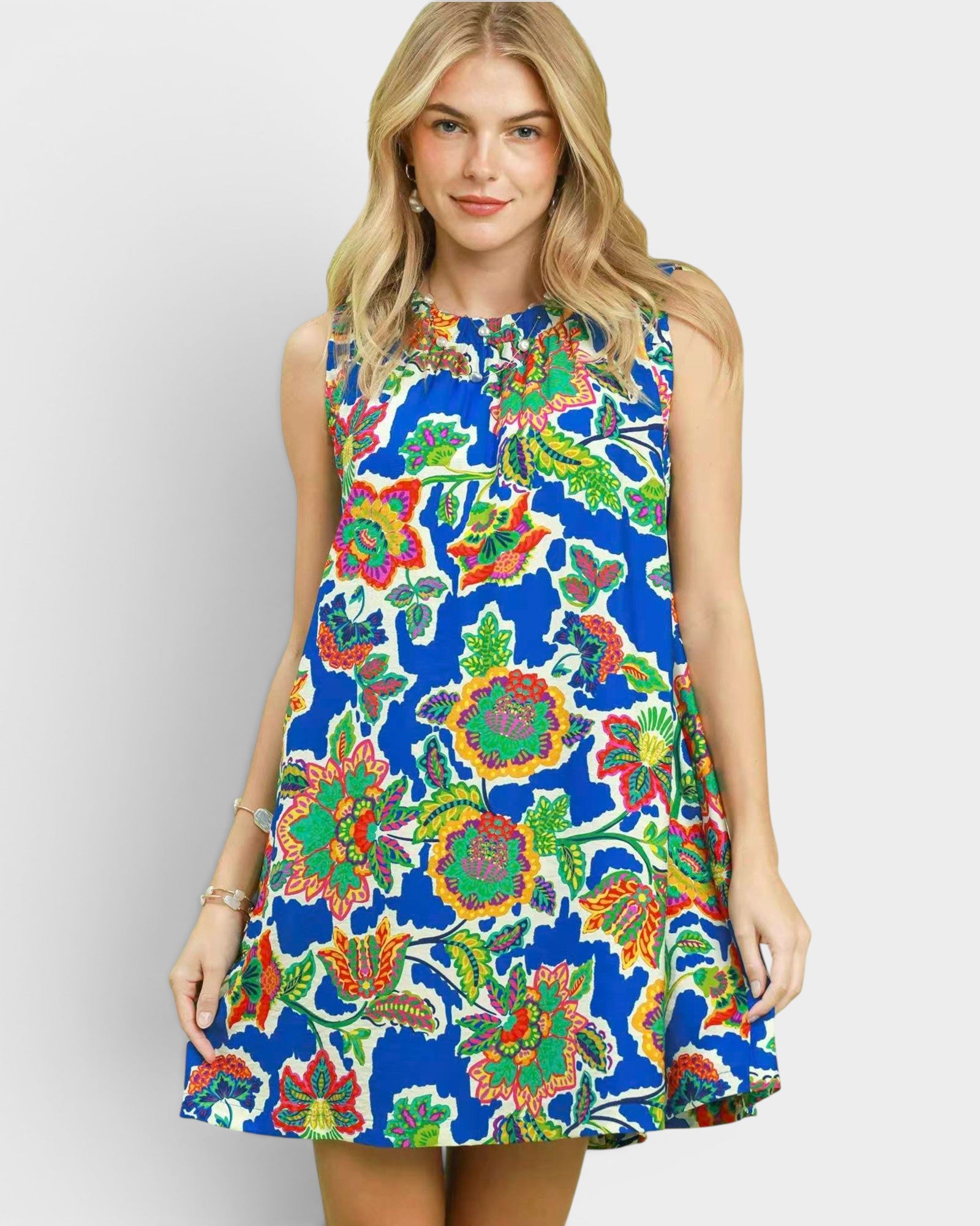Blue Floral Sleeveless Mini Dress
