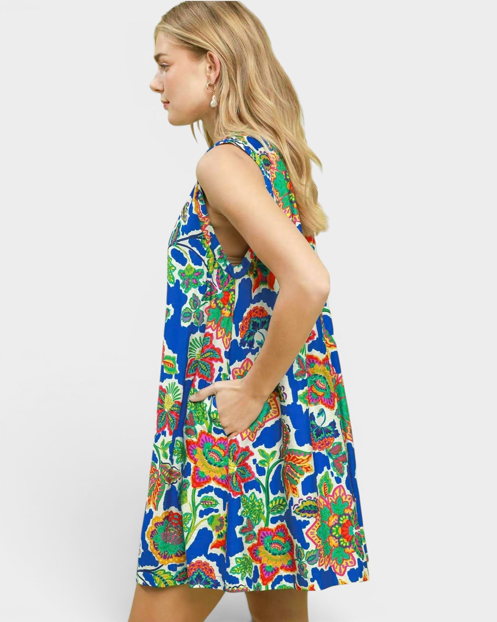 Blue Floral Sleeveless Mini Dress