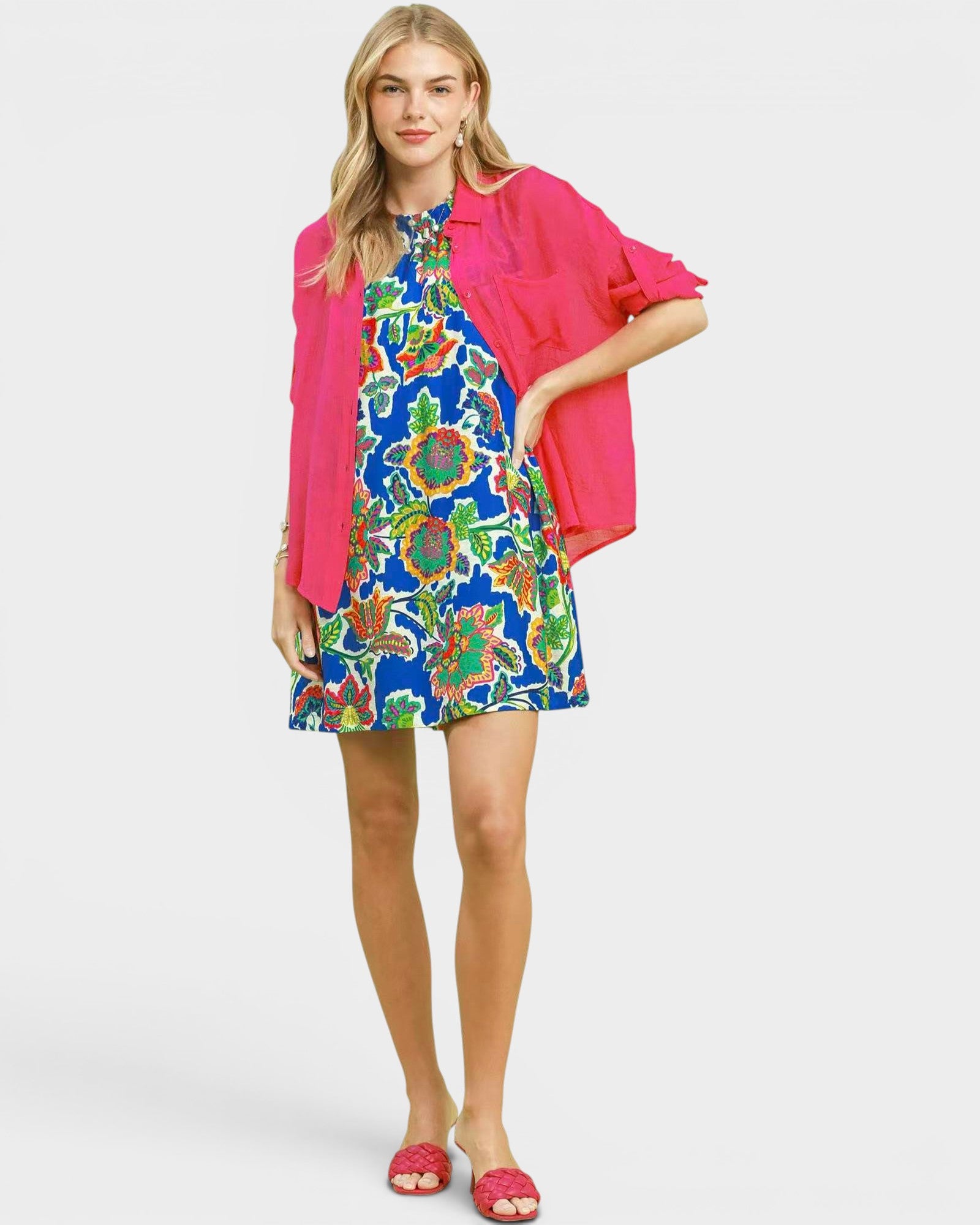 Blue Floral Sleeveless Mini Dress