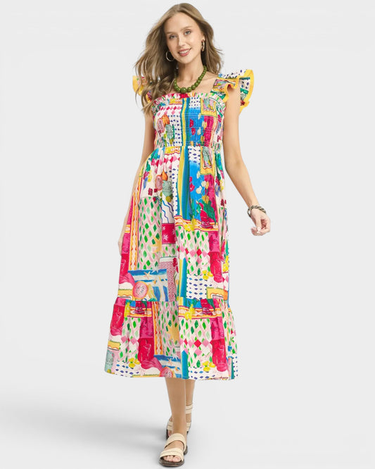 Woman wearing a colorful patterned dress on a white background