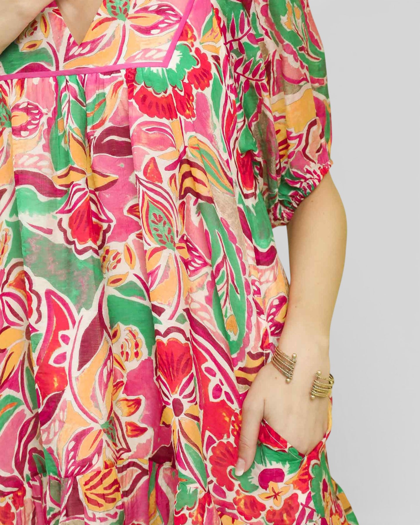 Colorful floral dress worn by a person on a plain background