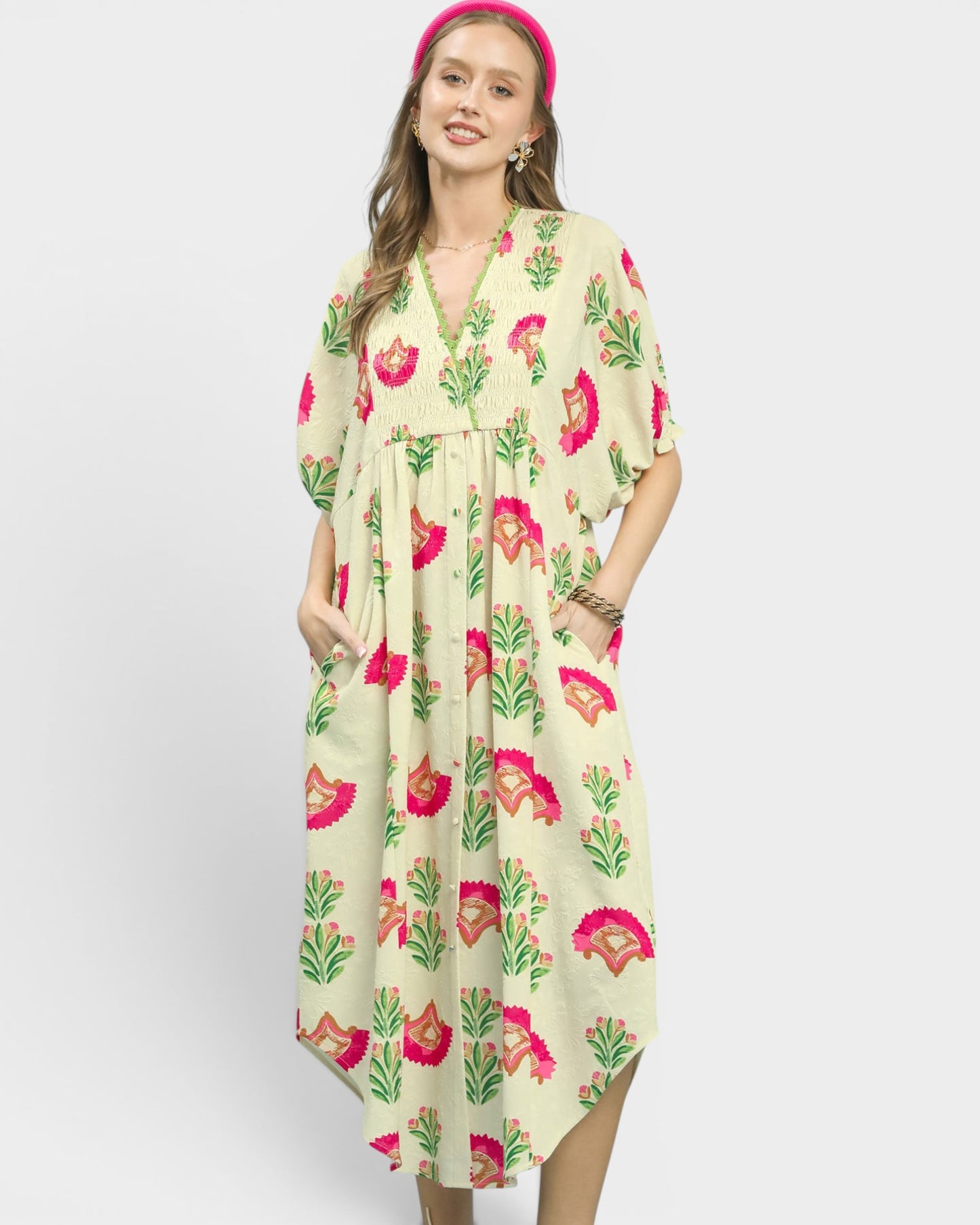 Ivory Botanical Print Midi Dress