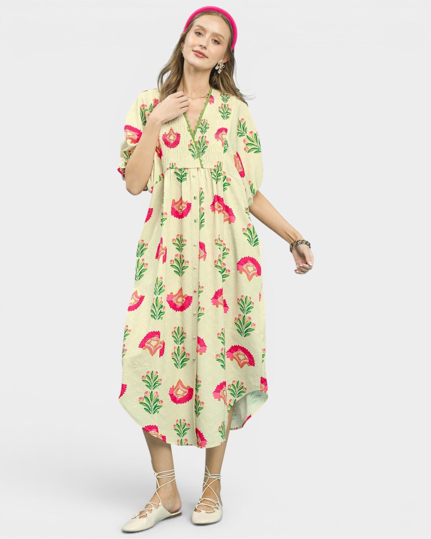 Ivory Botanical Print Midi Dress