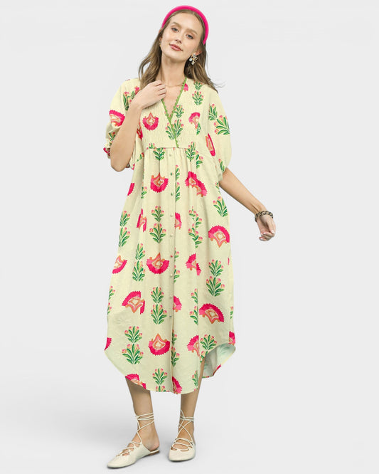 Ivory Botanical Print Midi Dress