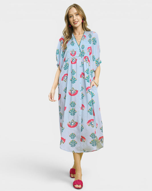 Powder Blue Botanical Print Midi Dress