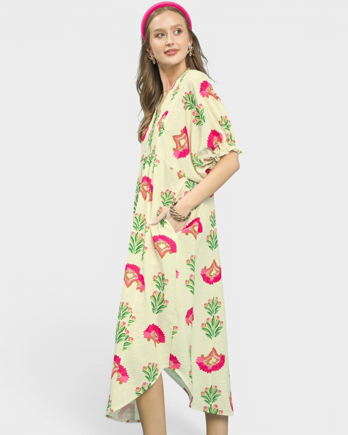 Ivory Botanical Print Midi Dress
