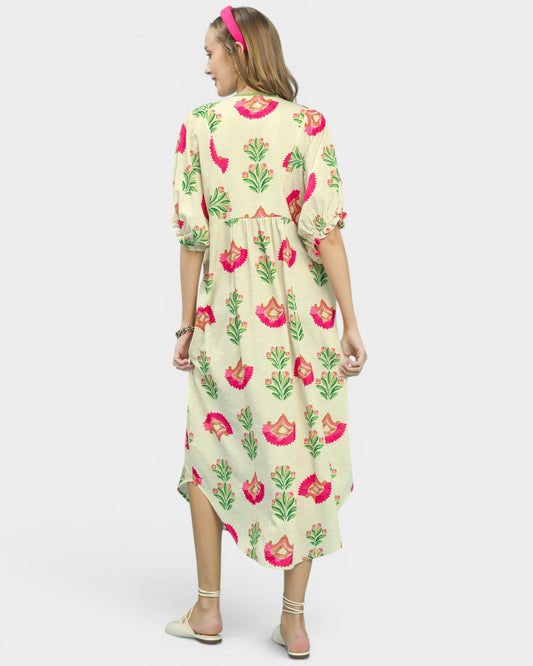 Ivory Botanical Print Midi Dress
