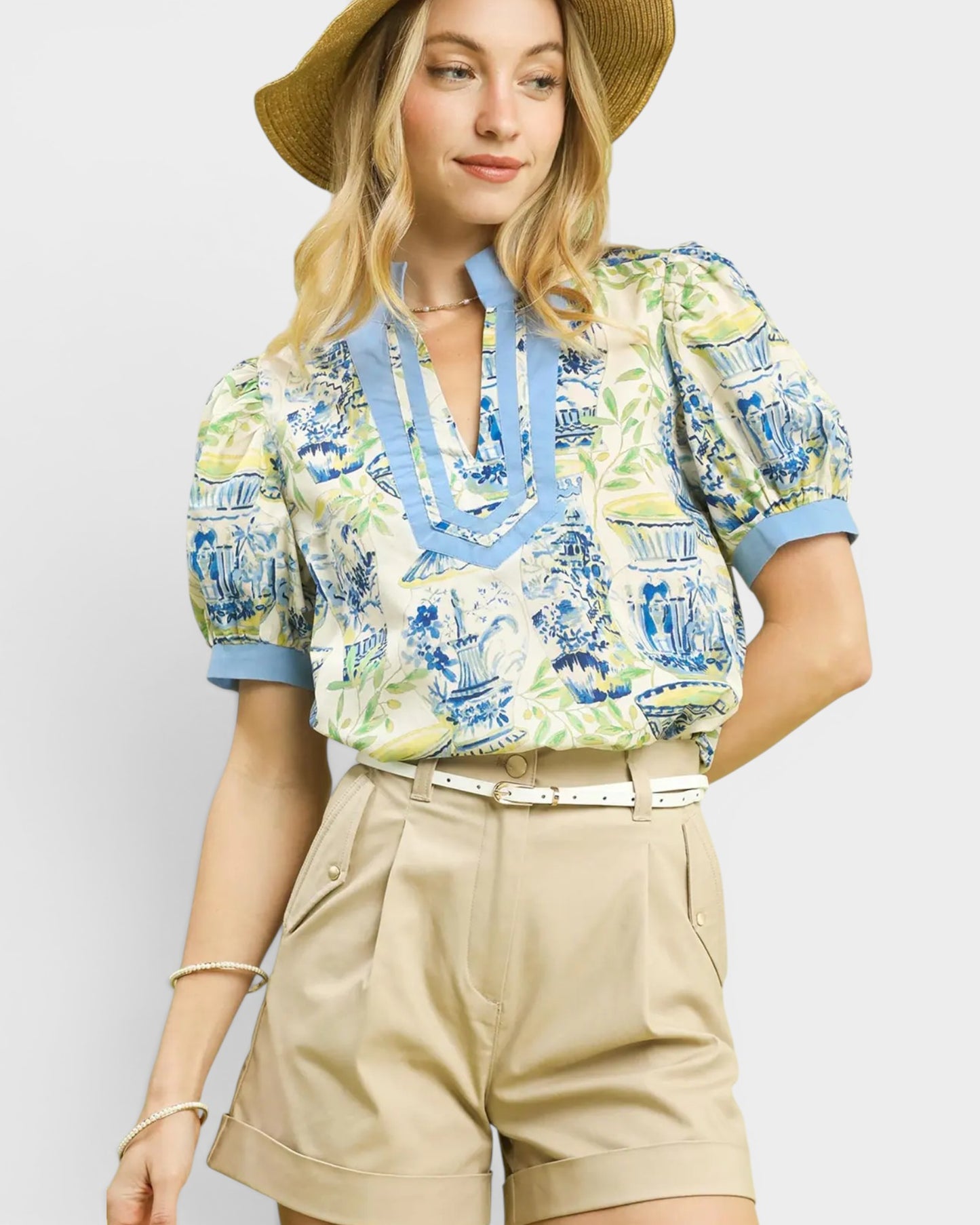 Blue Chinoiserie Puff Sleeve Top