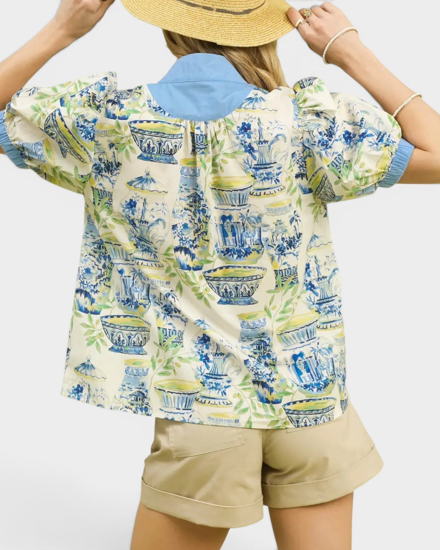 Blue Chinoiserie Puff Sleeve Top