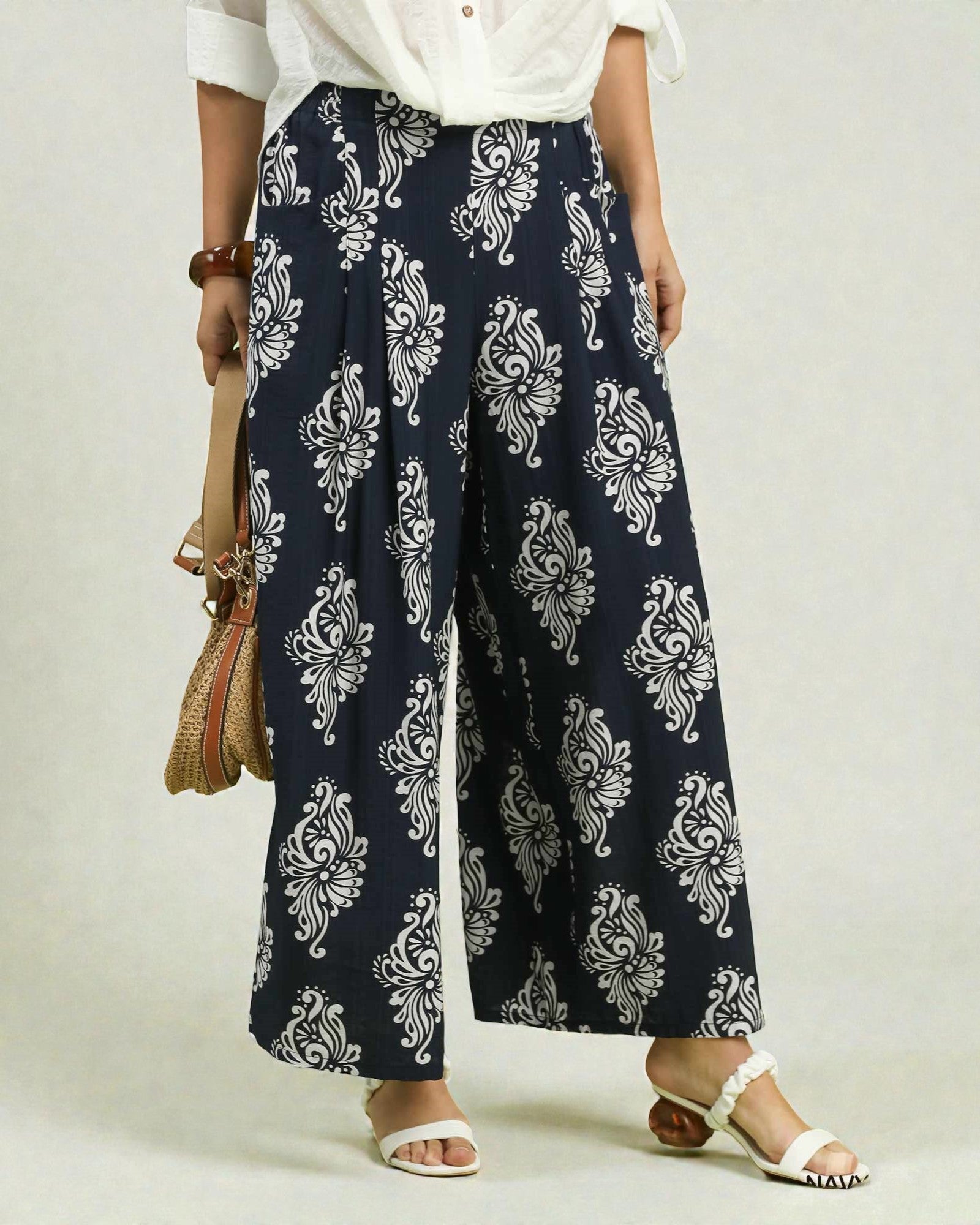 Navy & White Boho Print Wide Leg Pants