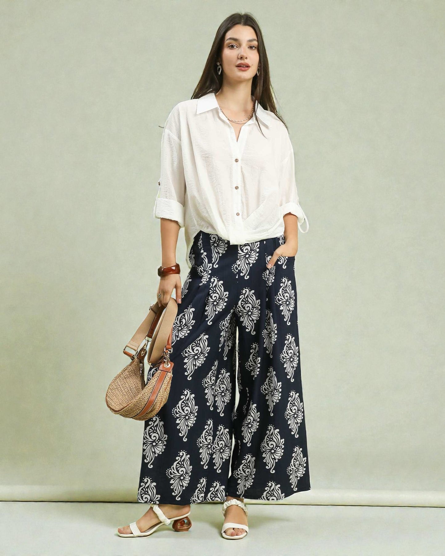 Navy & White Boho Print Wide Leg Pants