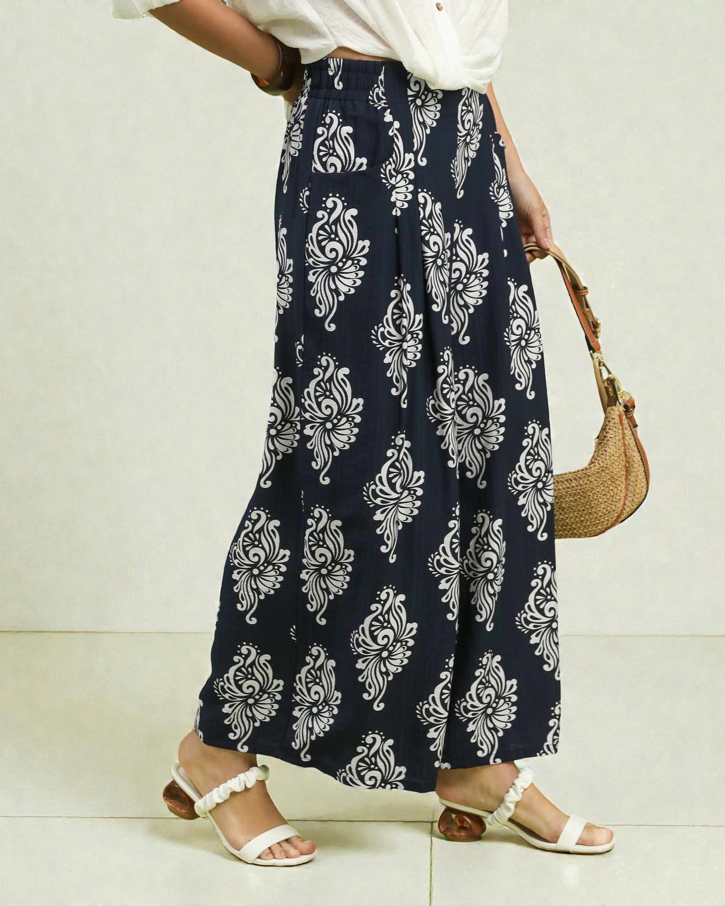 Navy & White Boho Print Wide Leg Pants
