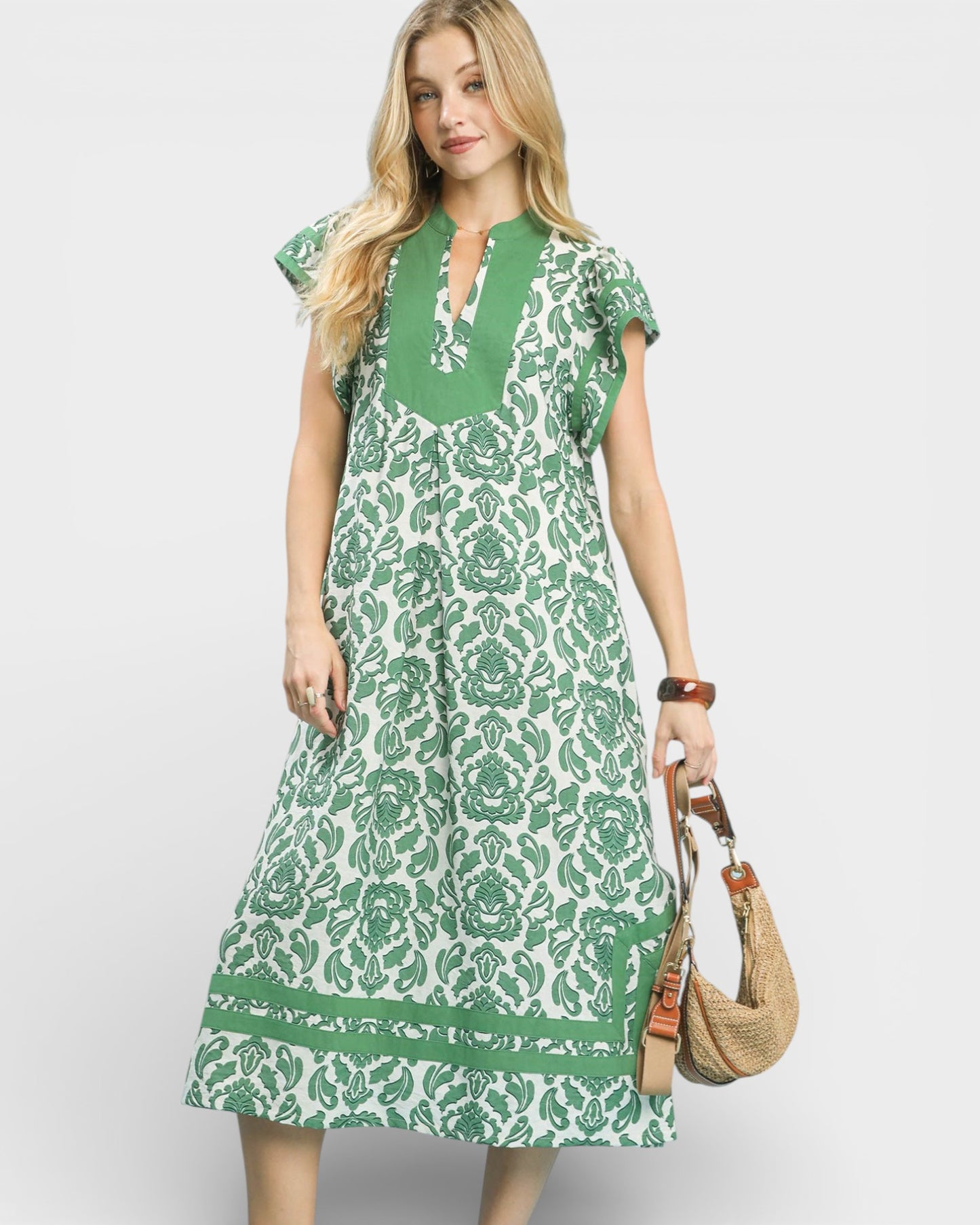 Green Damask Midi Dress with Pockets
