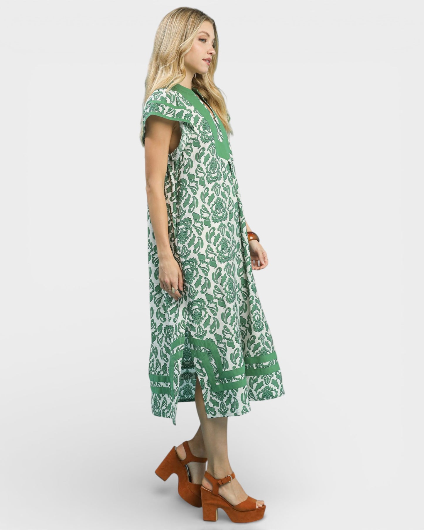 Green Damask Midi Dress with Pockets