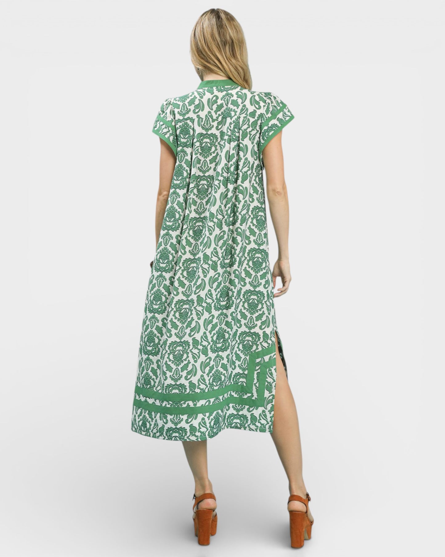 Green Damask Midi Dress with Pockets