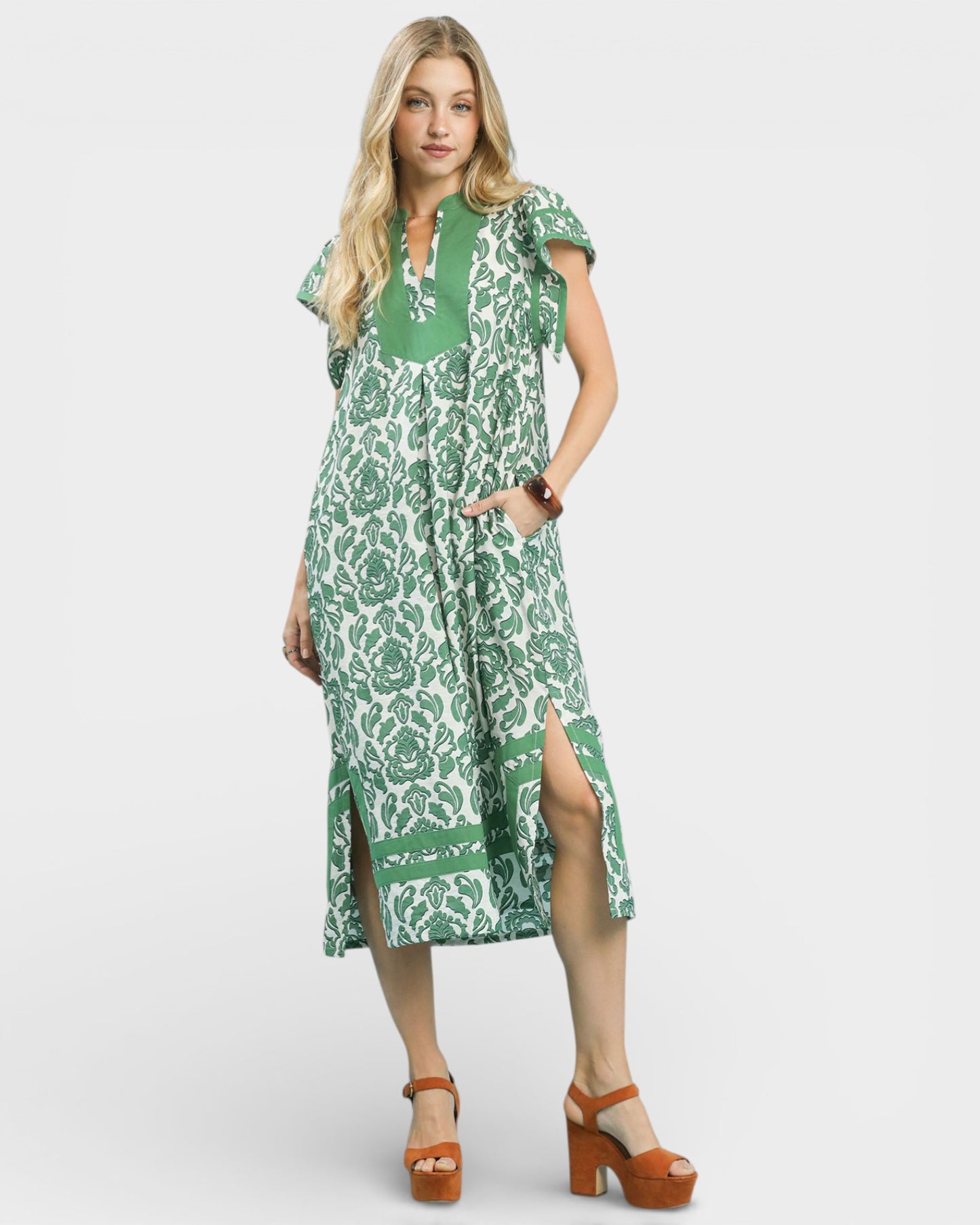 Green Damask Midi Dress with Pockets