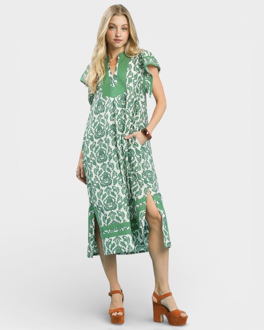 Green Damask Midi Dress with Pockets