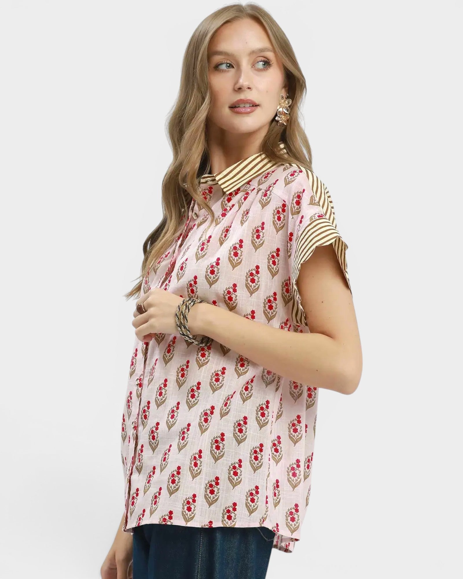 Blush Floral Stripe Contrast Cotton Top