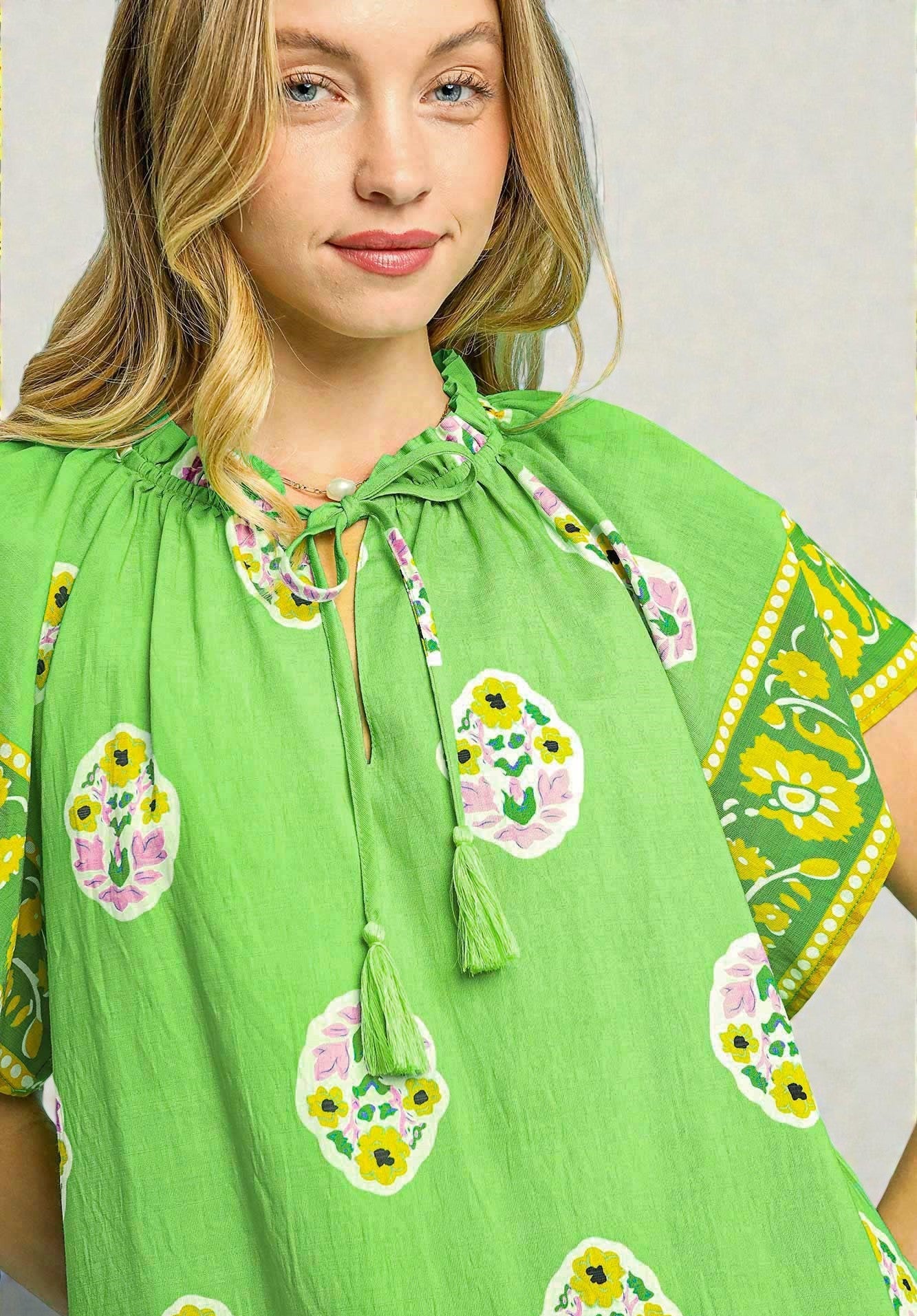 Green Boho Print Blouse