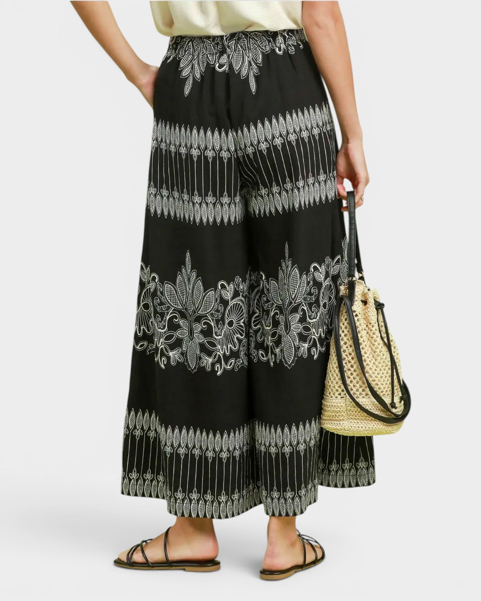 A model is shown from the waist down wearing black wide-leg cropped pants with intricate white and gray bohemian-style embroidery and patterns. The model is holding a woven straw bucket bag and wearing black strappy flat sandals against a light gray studio background.