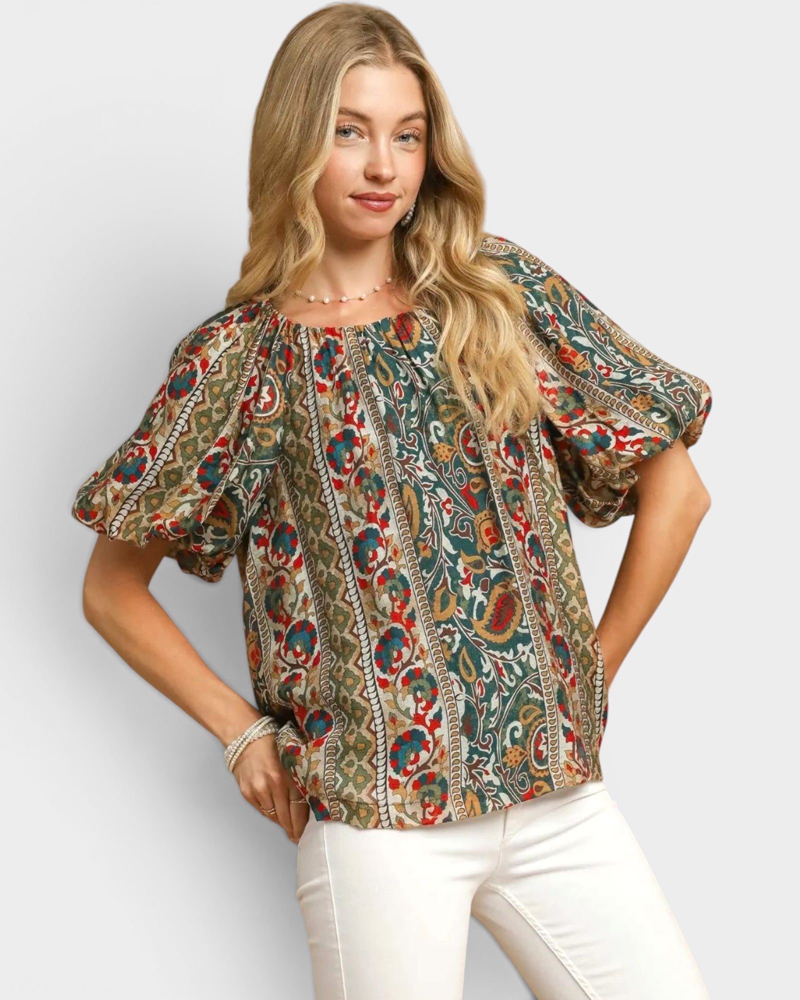 Teal Paisley Puff Sleeve Blouse