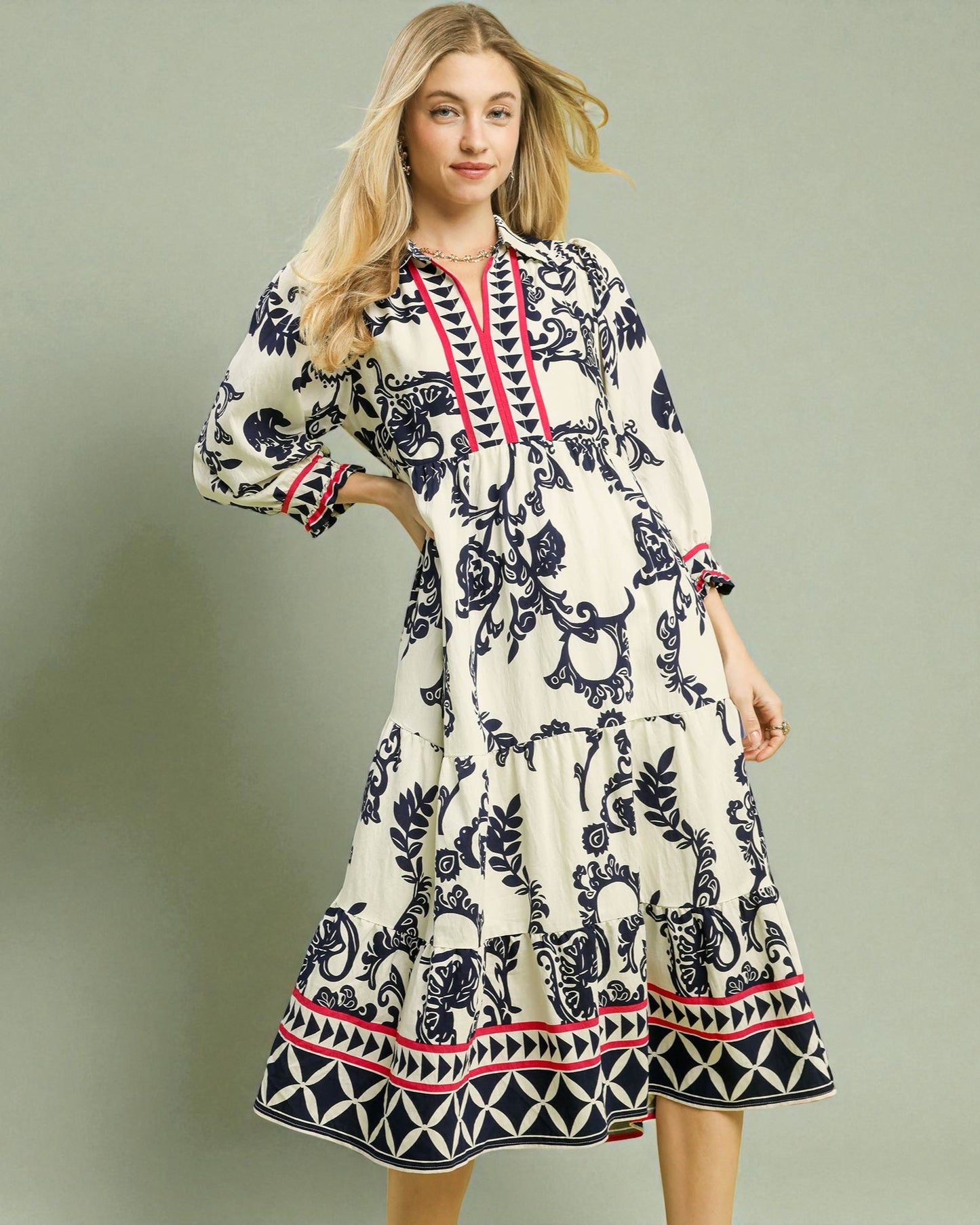 Ivory & Navy Printed Midi Dress
