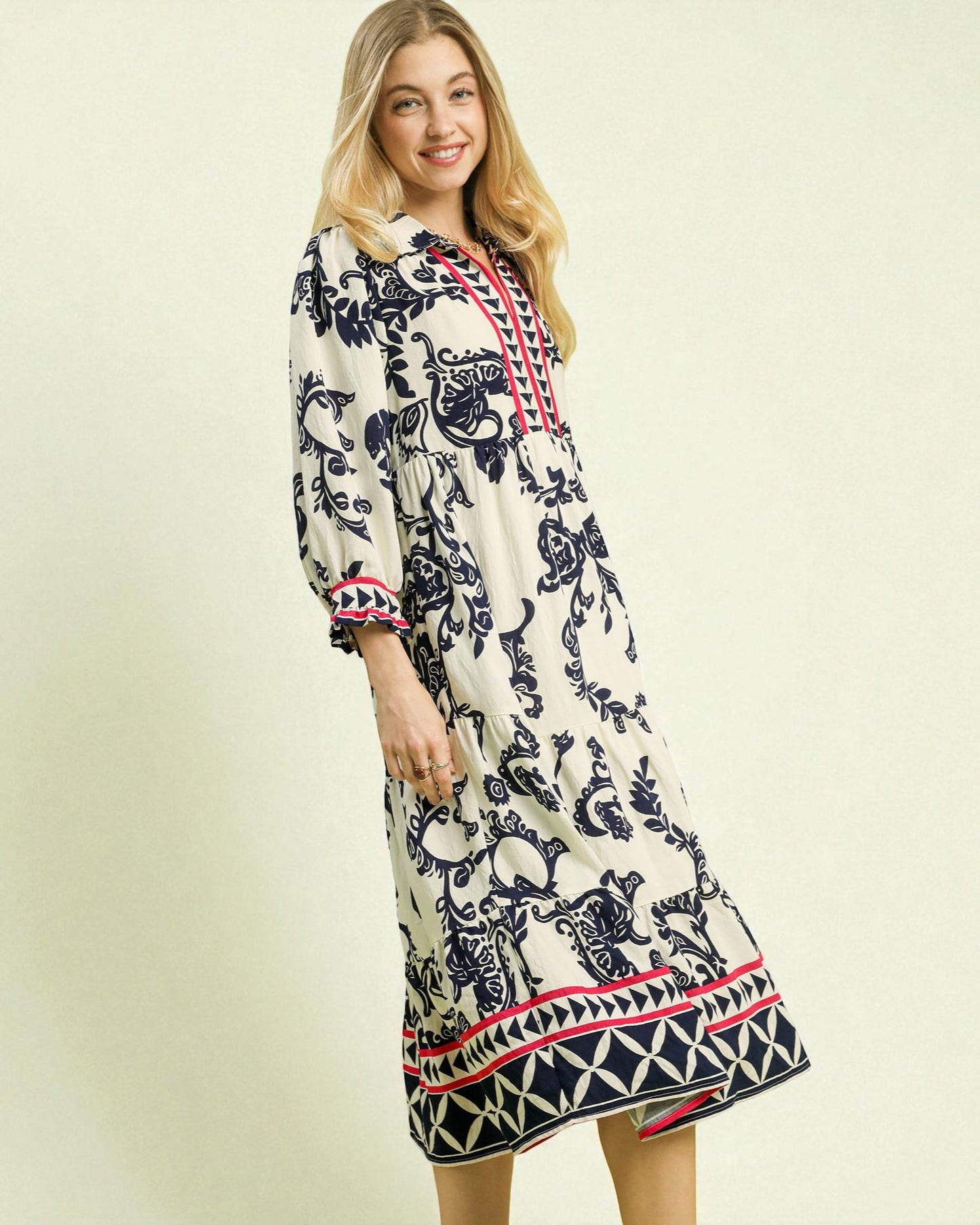 Ivory & Navy Printed Midi Dress