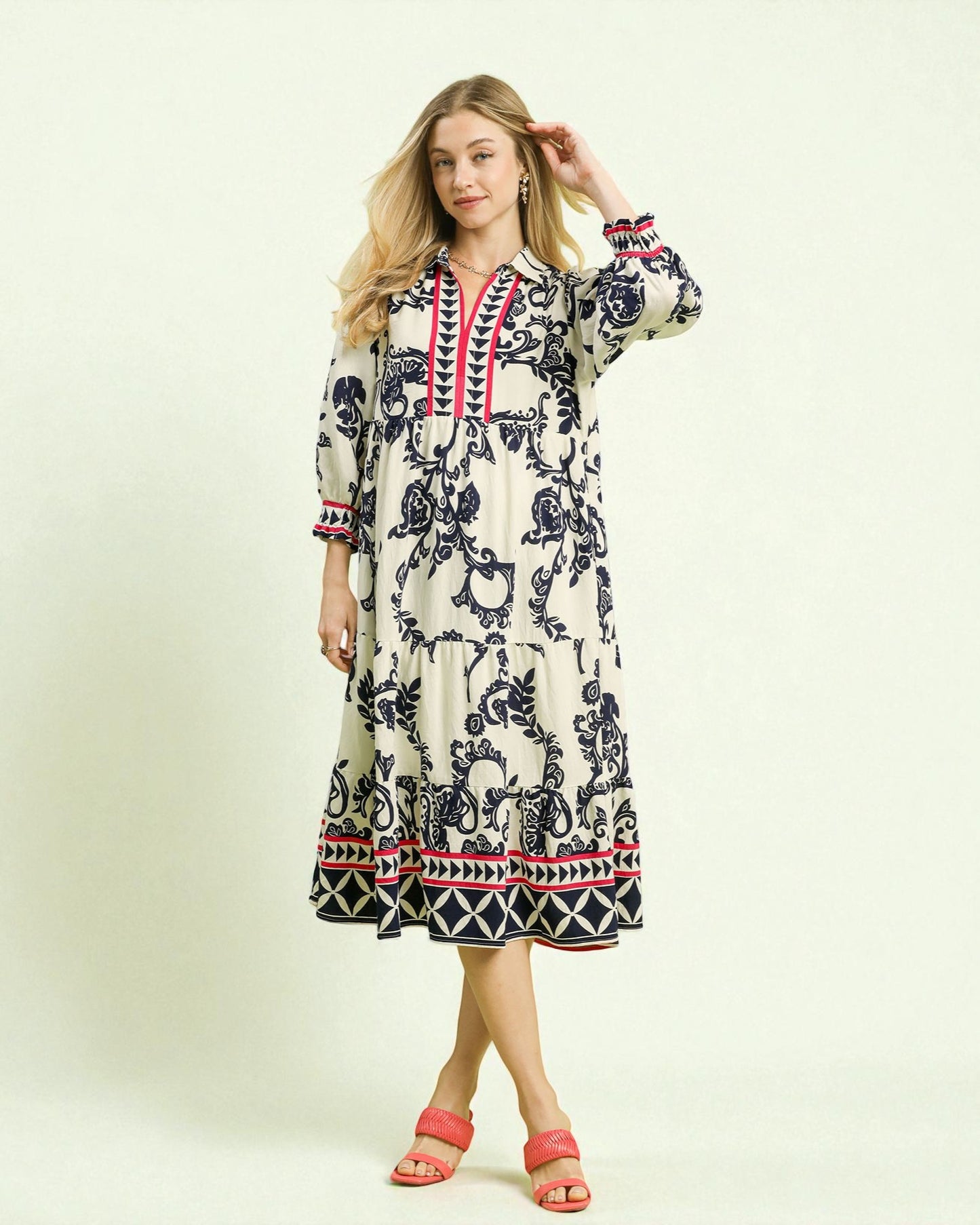 Ivory & Navy Printed Midi Dress