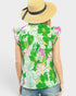 Person wearing a sleeveless floral top with a straw hat on a white background