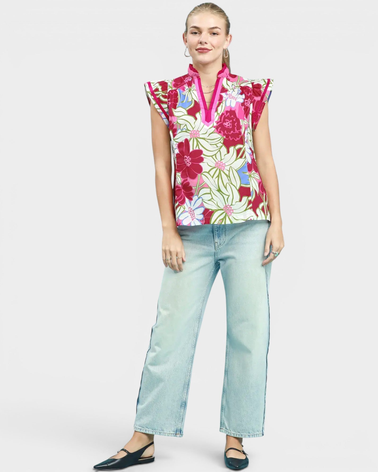 Pink Floral Ruffle Sleeve Cotton Top