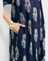 Navy blue dress with white floral pattern worn by a person on a plain background