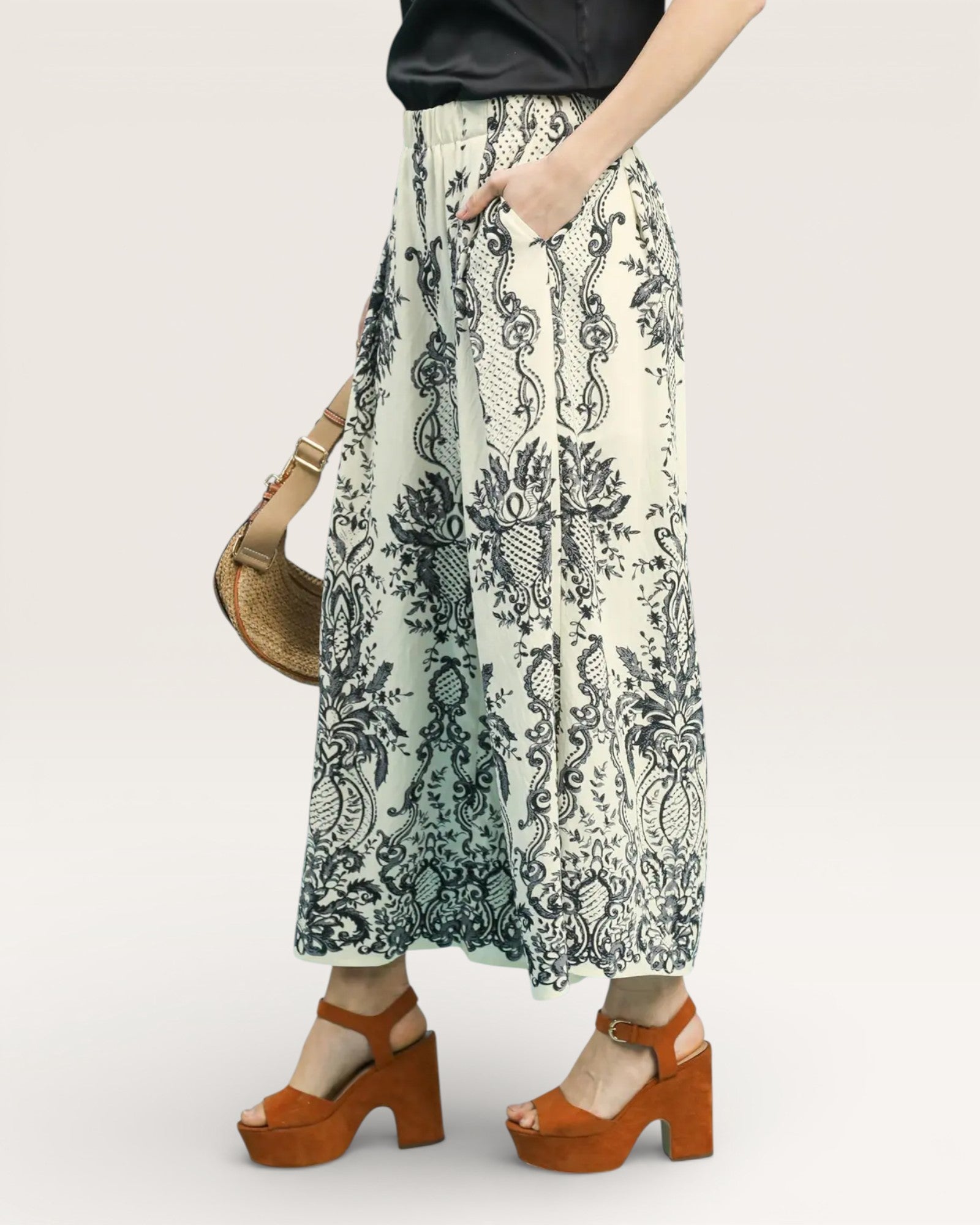 Ivory & Charcoal Baroque Wide Leg Pants
