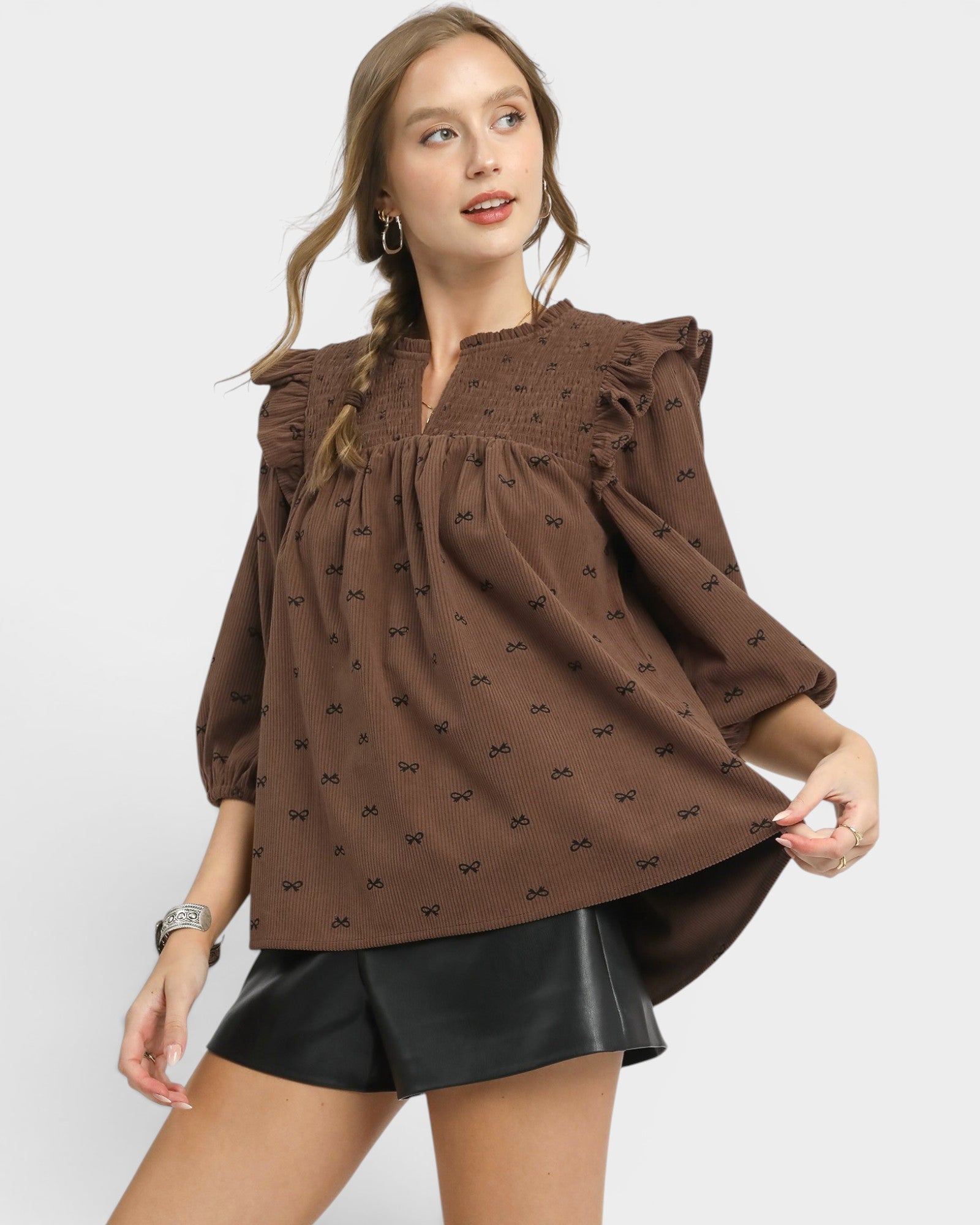 Brown Corduroy Bow Print Blouse